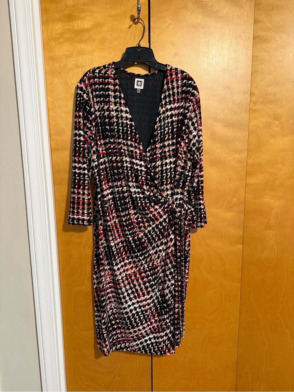 Anne Klein Black, Red and Cream Wrap-Style Midi Dress